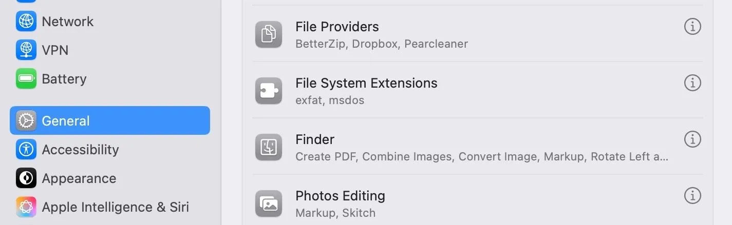 Trang cài đặt Chung (General) trong ứng dụng Cài đặt hệ thống (System Settings) trên macOS.