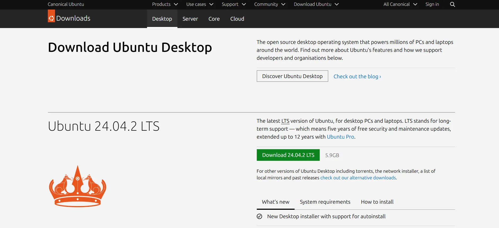 Trang tải xuống phiên bản Ubuntu 24.04 LTS, minh họa tính sẵn có miễn phí của hệ điều hành Linux.