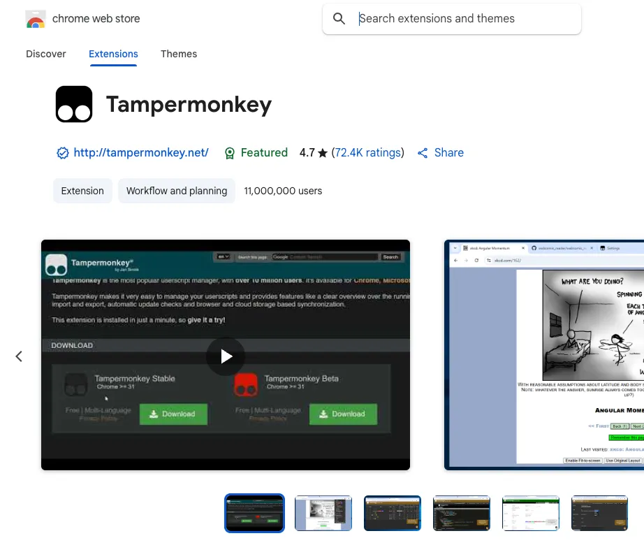Trang tiện ích mở rộng Tampermonkey trên cửa hàng Chrome, cho phép người dùng thêm các user script tùy chỉnh.