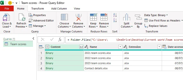 Trình chỉnh sửa Power Query của Excel hiển thị danh sách bốn tên tệp, trong đó có một tệp không liên quan