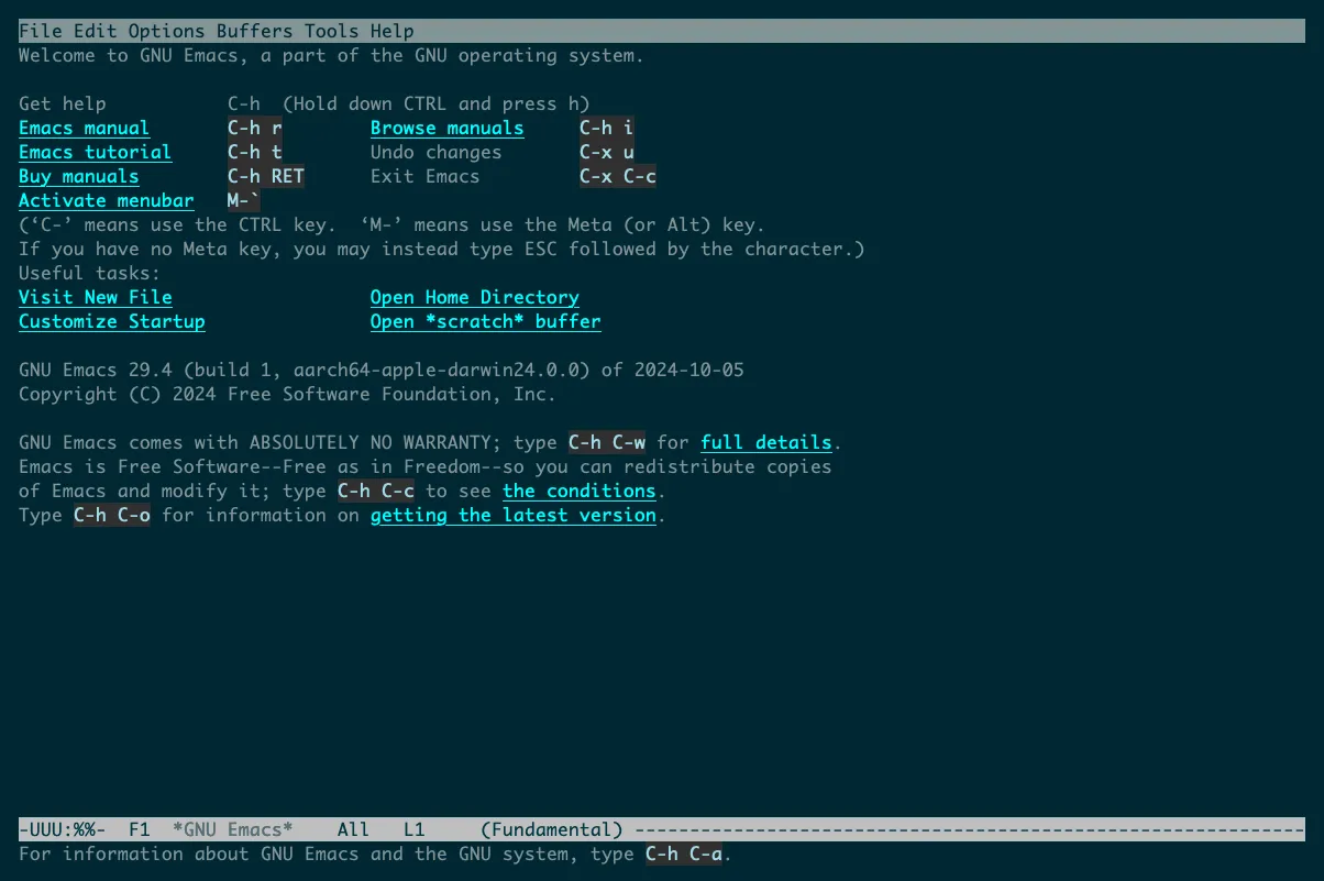 Trình soạn thảo văn bản GNU Emacs đang mở trong cửa sổ Terminal
