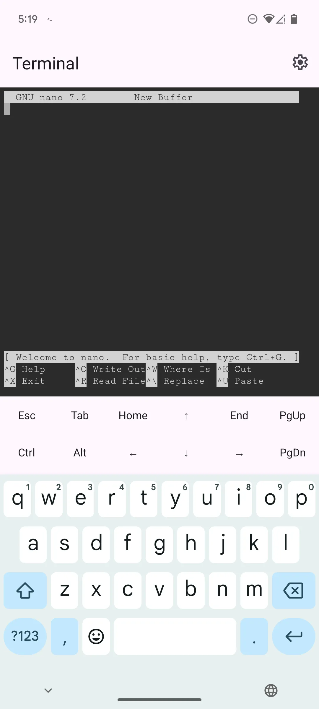 Trình soạn thảo văn bản Nano trong ứng dụng Terminal Linux trên Google Pixel 6.
