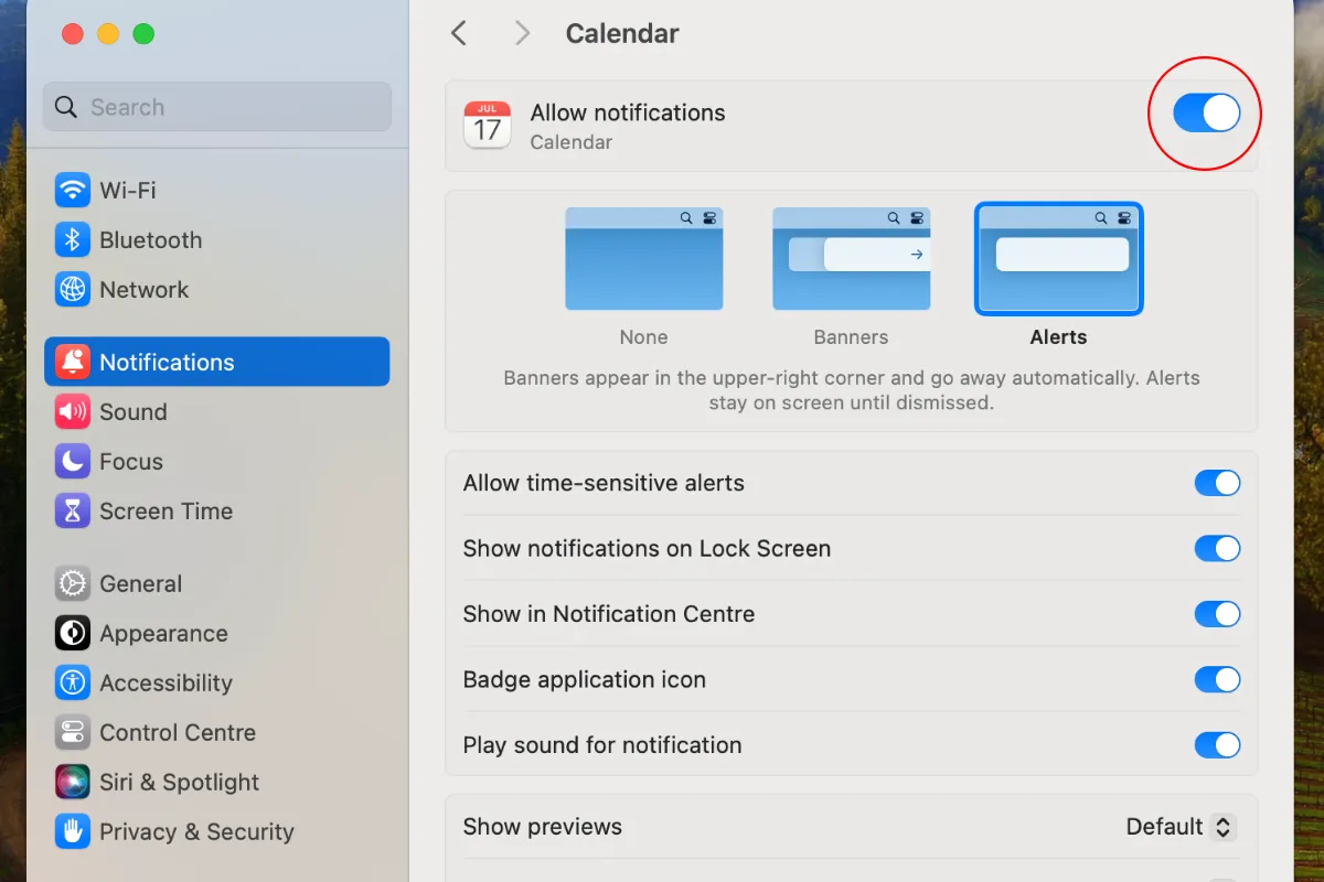 Tùy chọn bật/tắt thông báo cho một ứng dụng cụ thể trong cài đặt macOS.