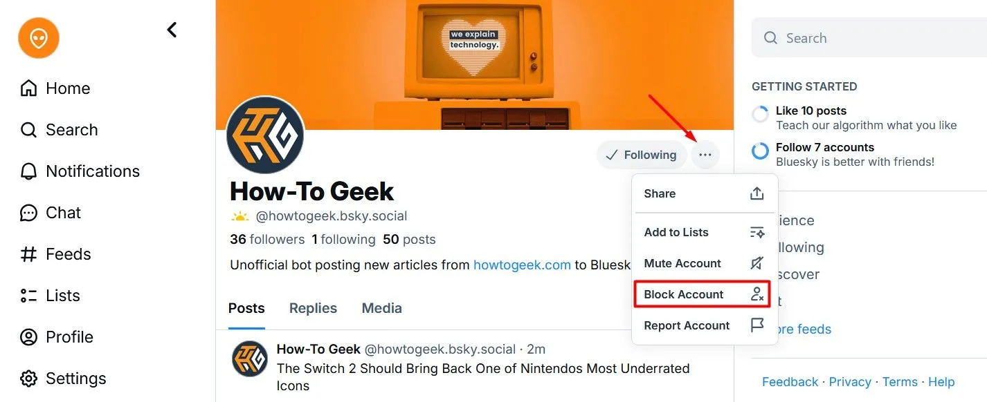Tùy chọn Block Account để chặn một tài khoản người dùng trên Bluesky