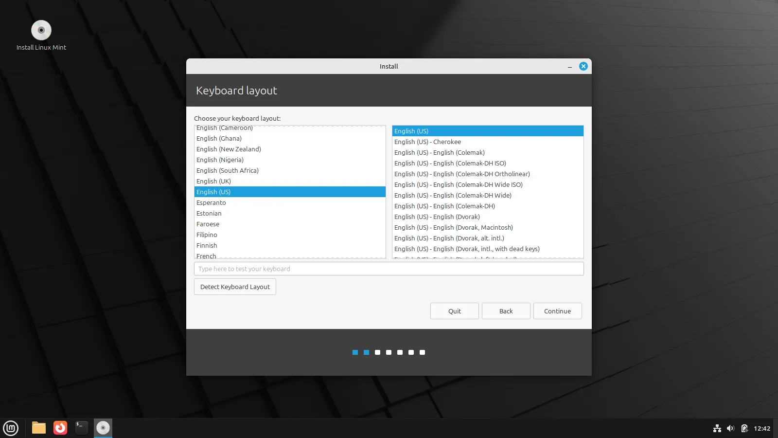 Tùy chọn bố cục bàn phím trong quá trình cài đặt Linux Mint.