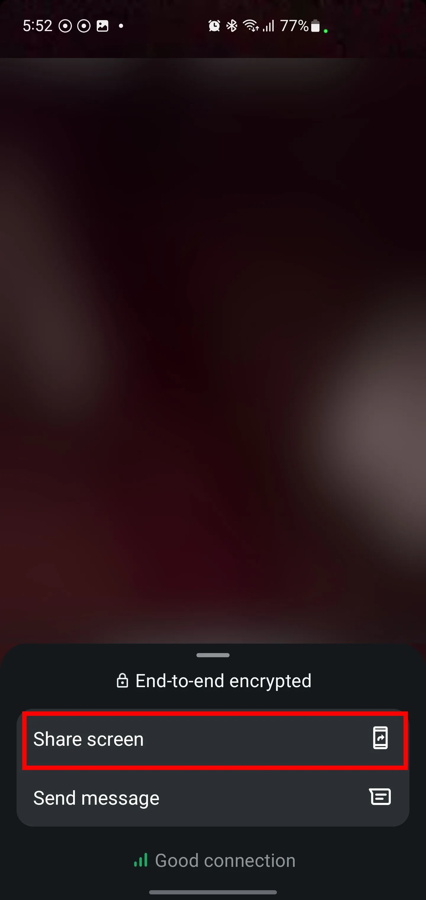 Tùy chọn chia sẻ màn hình trong cuộc gọi video nhóm WhatsApp.