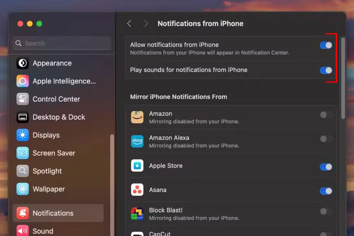 Tùy chọn 'Cho phép thông báo từ iPhone' trong cài đặt Thông báo của macOS Sequoia.