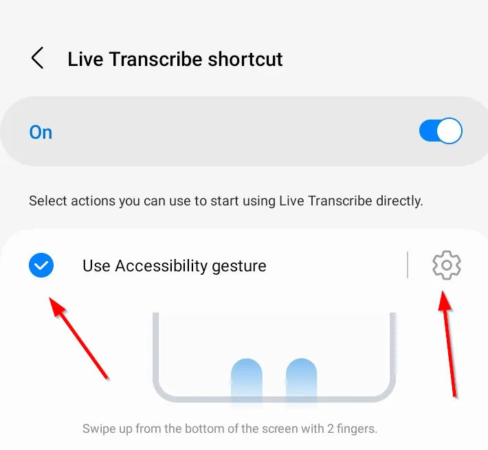 Tùy chọn cử chỉ trợ năng trong cài đặt Live Transcribe.