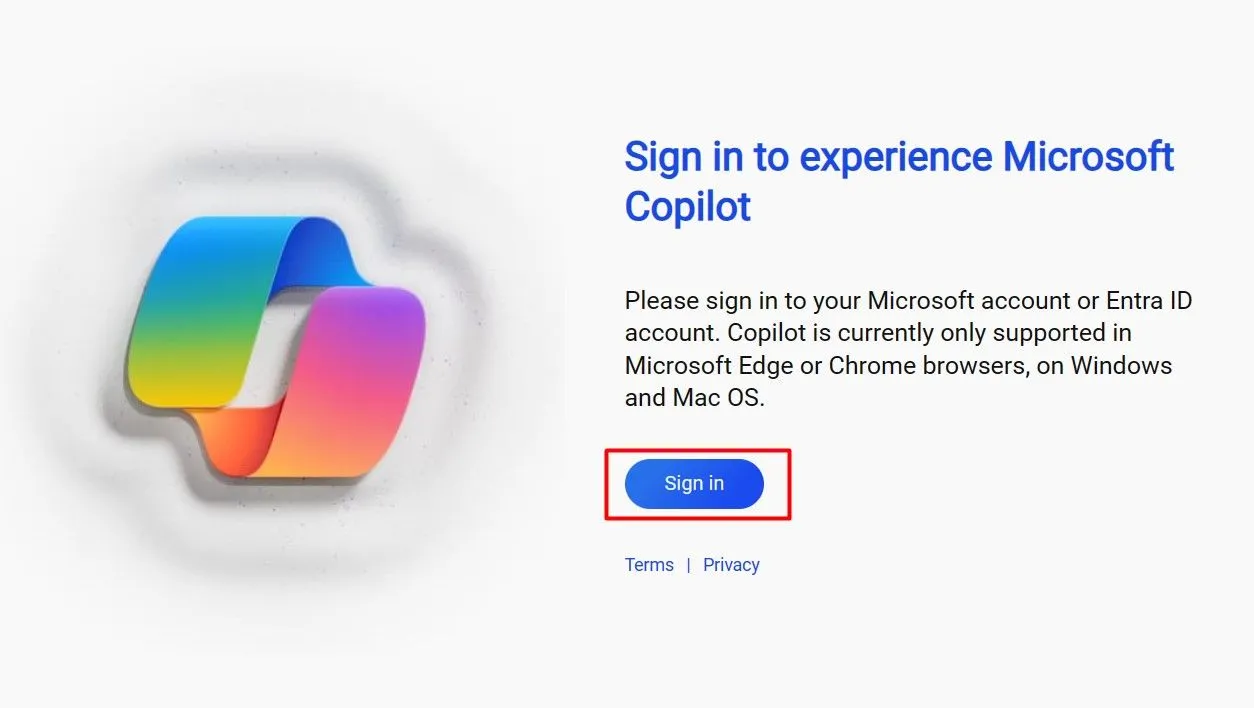 Tùy chọn &quot;Đăng nhập&quot; trên trang chủ Microsoft Copilot, biểu thị bước đầu tiên để truy cập tính năng.