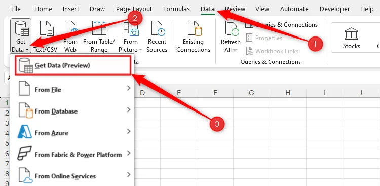 Tùy chọn Get Data (Preview) trong menu thả xuống Get Data của tab Data trên thanh Ribbon của Microsoft Excel.