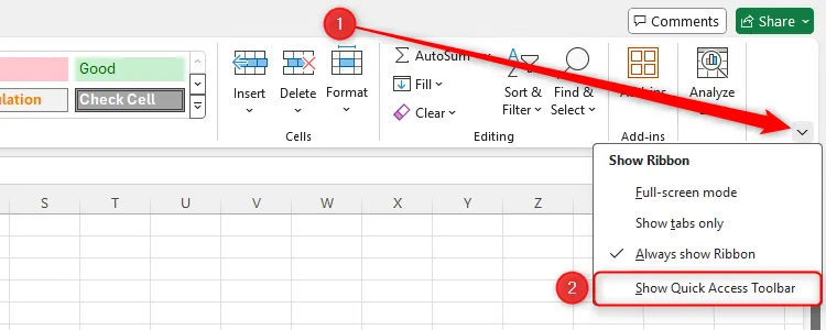 Tùy chọn hiển thị Thanh công cụ Truy cập nhanh trong Excel được chọn thông qua mũi tên xuống bên phải của dải băng Excel.