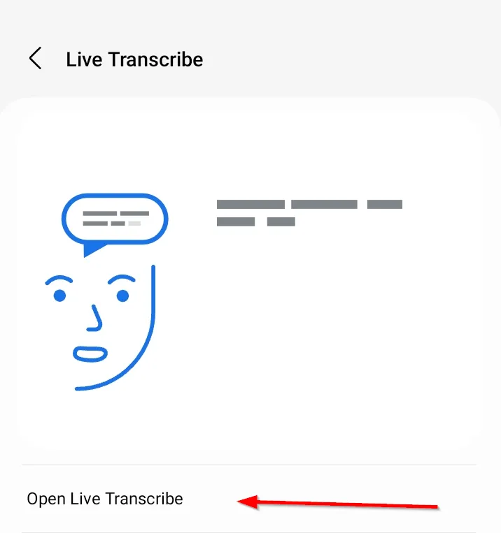 Tùy chọn &quot;Mở Live Transcribe&quot; được chọn để khởi động tính năng phiên âm trực tiếp.