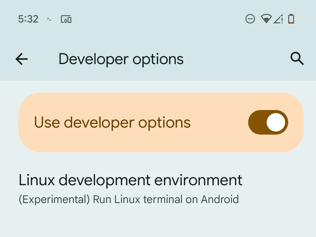 Tùy chọn &quot;môi trường phát triển Linux&quot; trong cài đặt nhà phát triển Android trên Pixel.