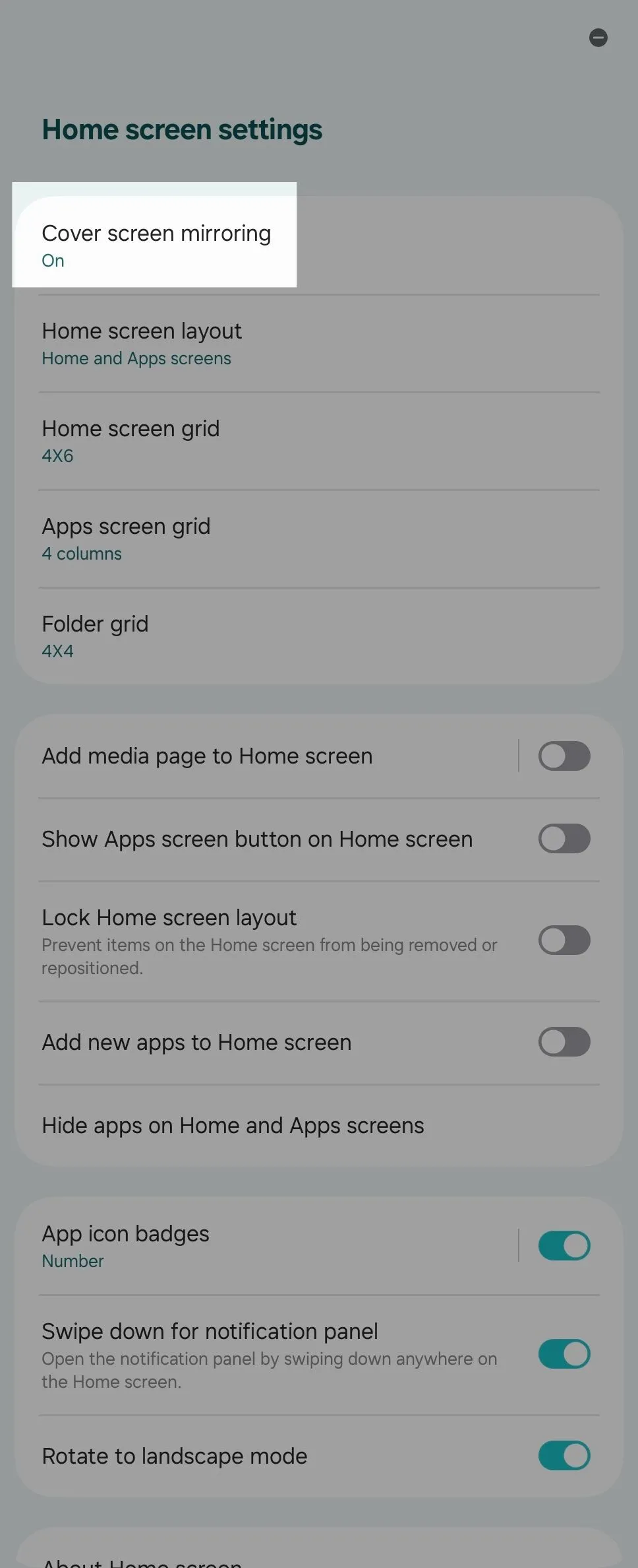 Tùy chọn phản chiếu màn hình phụ trong cài đặt trên Galaxy Z Fold 6