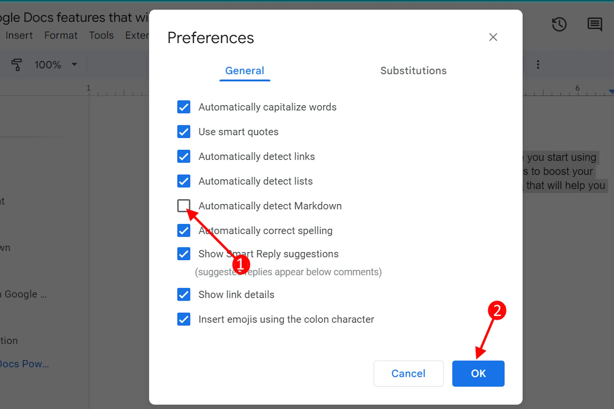 Tùy chọn tự động phát hiện Markdown trong cài đặt Tùy chọn của Google Docs