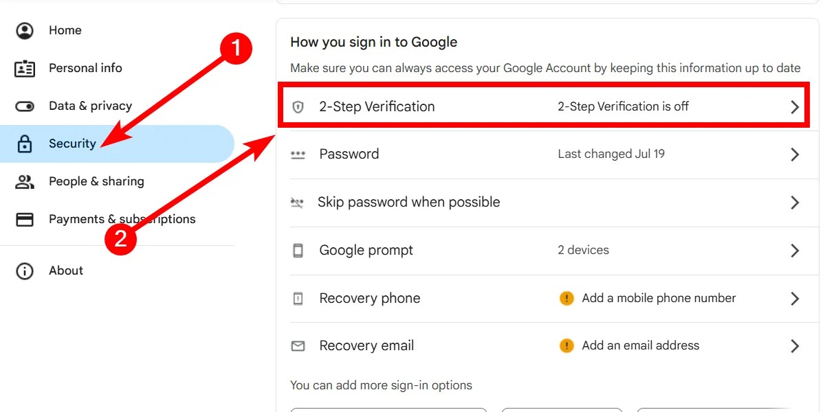 Tùy chọn Xác minh 2 bước trong phần Bảo mật của tài khoản Google.