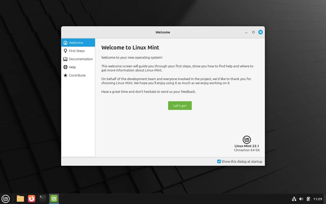 Ứng dụng chào mừng Linux Mint xuất hiện lần đầu sau khi đăng nhập, cung cấp các mẹo hữu ích.