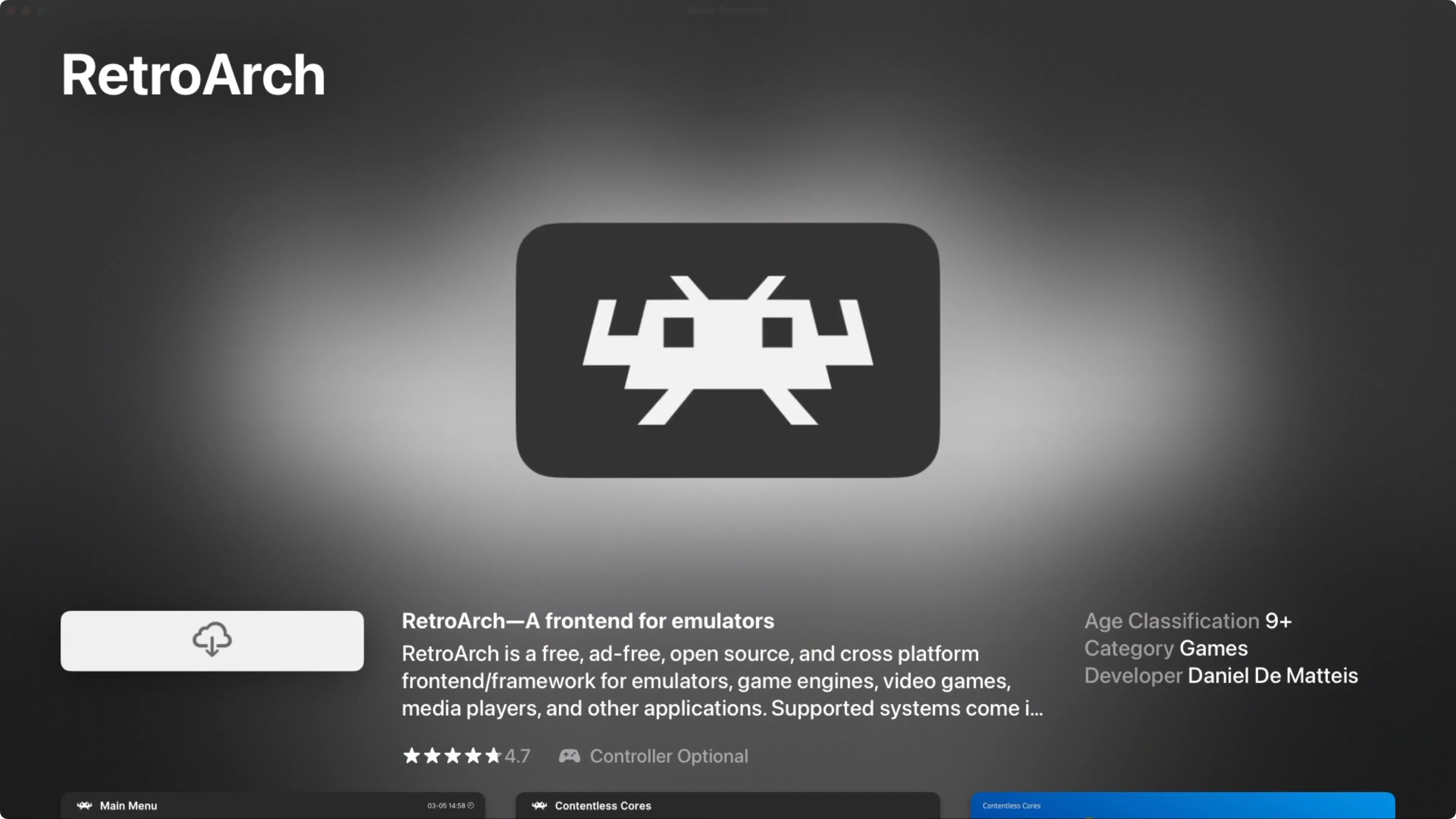Ứng dụng RetroArch hiển thị trên App Store của tvOS, sẵn sàng để tải về và cài đặt trên Apple TV.