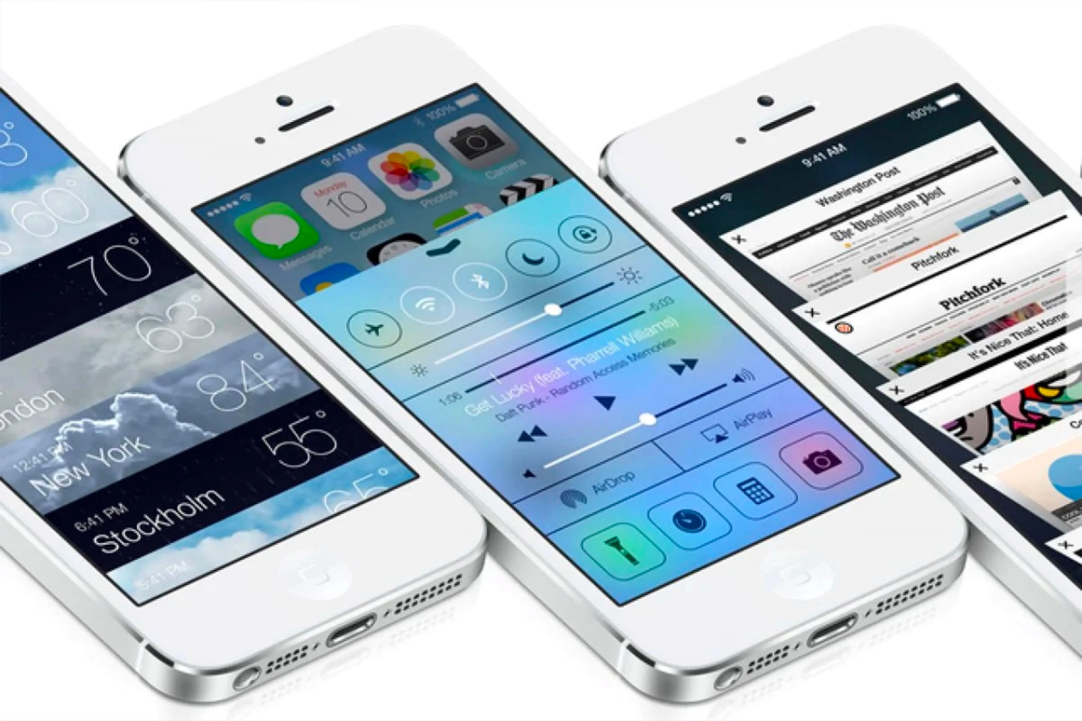 Ứng dụng thời tiết, Safari và Control Center hiển thị trên iPhone chạy iOS 7, thể hiện giao diện mới và trung tâm điều khiển tiện lợi