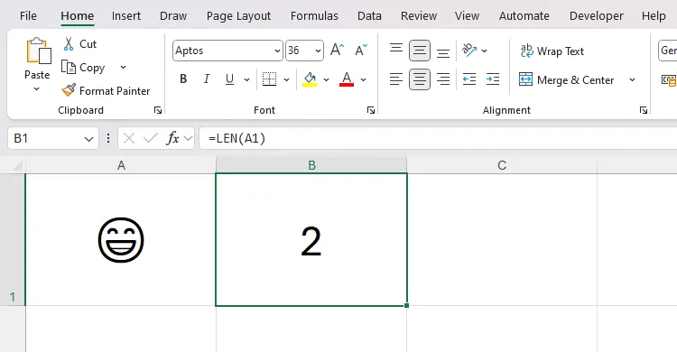 Ví dụ hàm LEN đếm gấp đôi một emoji trong Microsoft Excel.