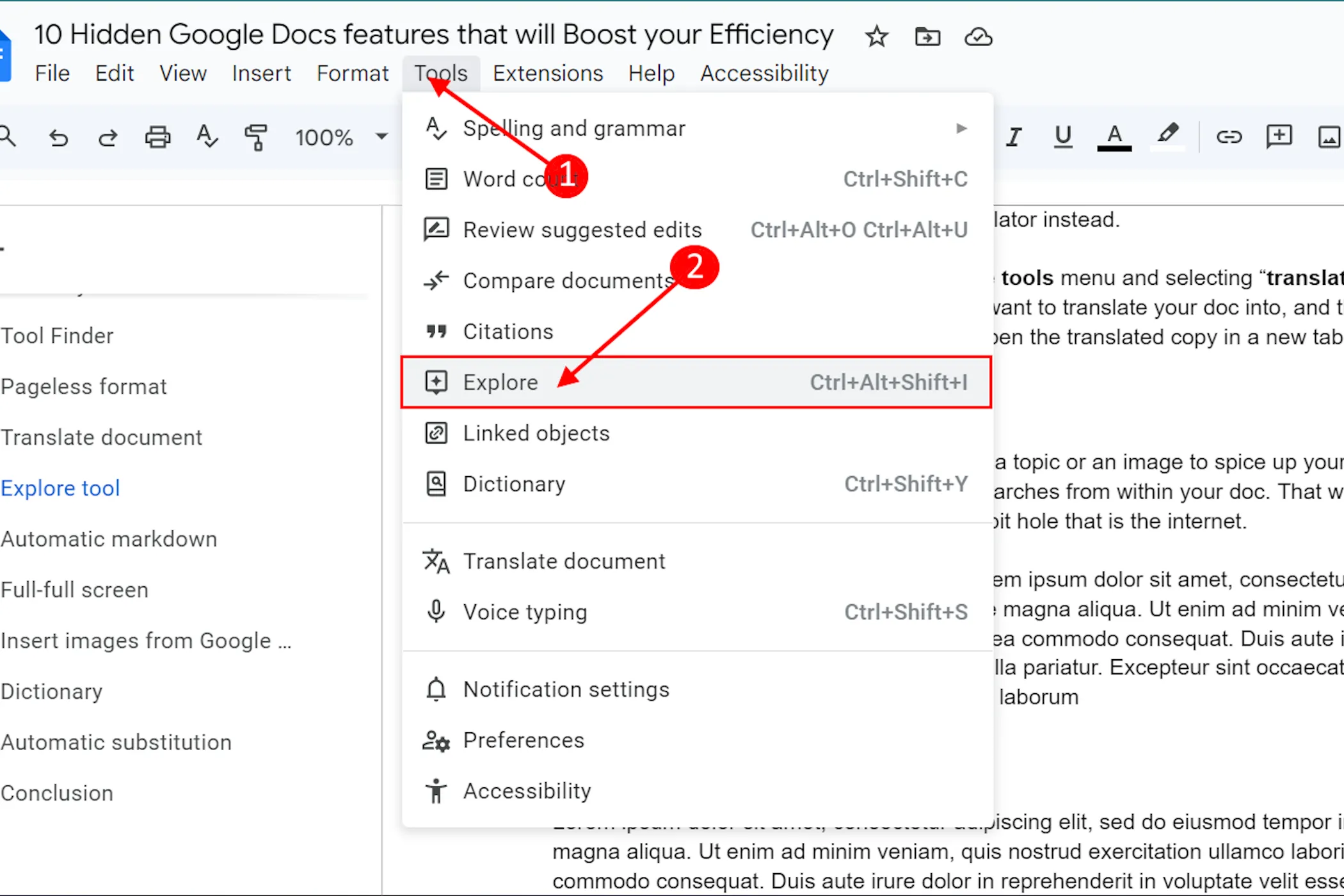 Vị trí công cụ Khám phá trong menu Công cụ của Google Docs