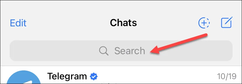Vị trí thanh tìm kiếm trên ứng dụng Telegram iPhone để tìm kiếm và tham gia kênh