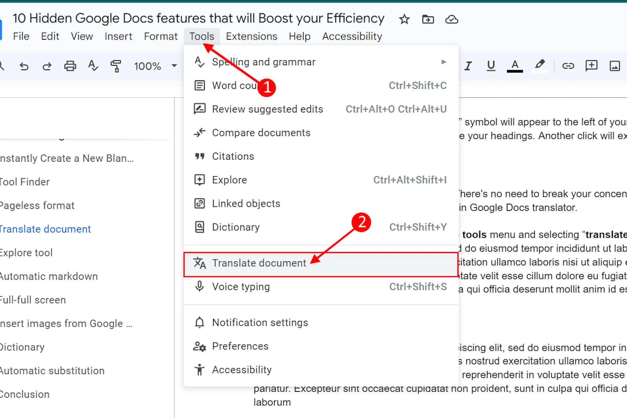 Vị trí tính năng Dịch tài liệu trong menu Công cụ của Google Docs