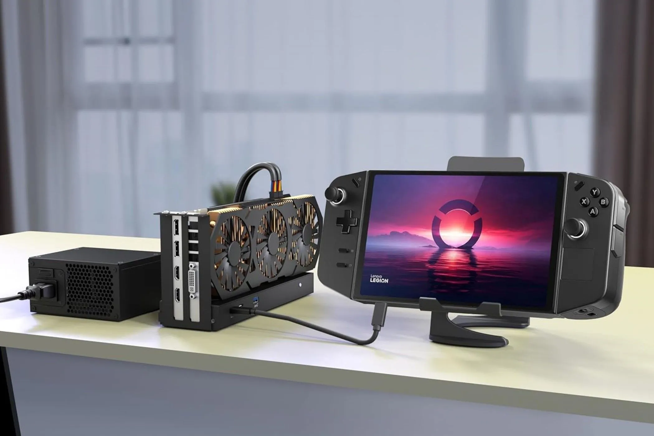 Vỏ bọc eGPU TREBLEET Thunderbolt 3 Mini với card đồ họa và PSU được cài đặt kết nối với Lenovo Legion GO.