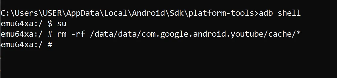 Xóa bộ nhớ đệm của ứng dụng YouTube bằng lệnh `rm -rf` trong môi trường `adb shell`.