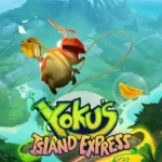 Yoku's Island Express ảnh bìa: Yoku bọ hung với cuộn giấy và cây sáo trên hòn đảo nhiệt đới đầy màu sắc.
