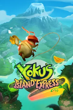 Yoku's Island Express ảnh bìa: Yoku bọ hung với cuộn giấy và cây sáo trên hòn đảo nhiệt đới đầy màu sắc.